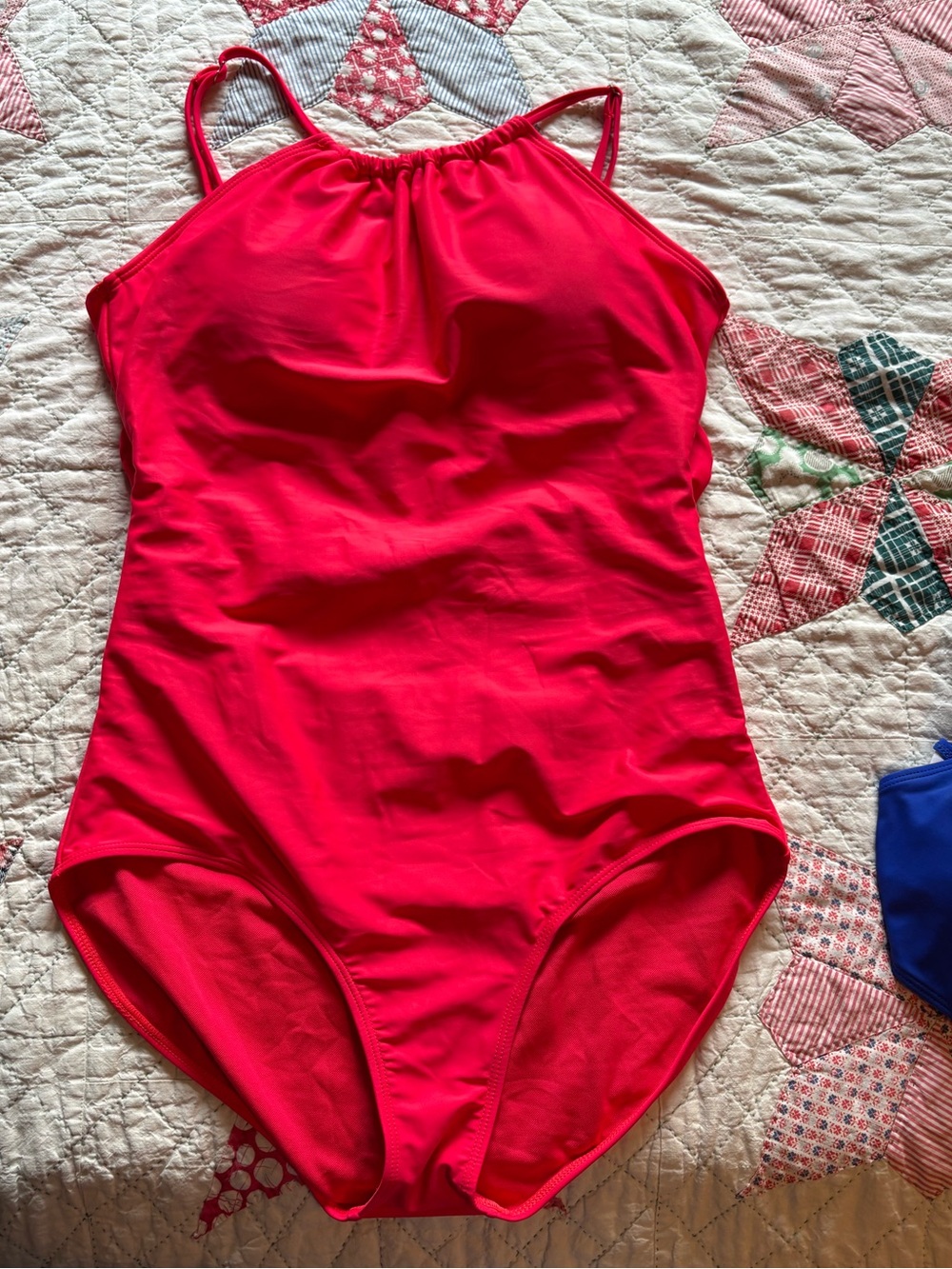 Bright Orange Pink One-Piece Swim Suit with Thin Straps